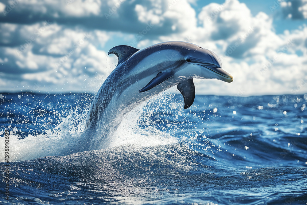 Fototapeta premium A bottlenose dolphin leaps gracefully over the ocean waves against a backdrop of a setting sun. 