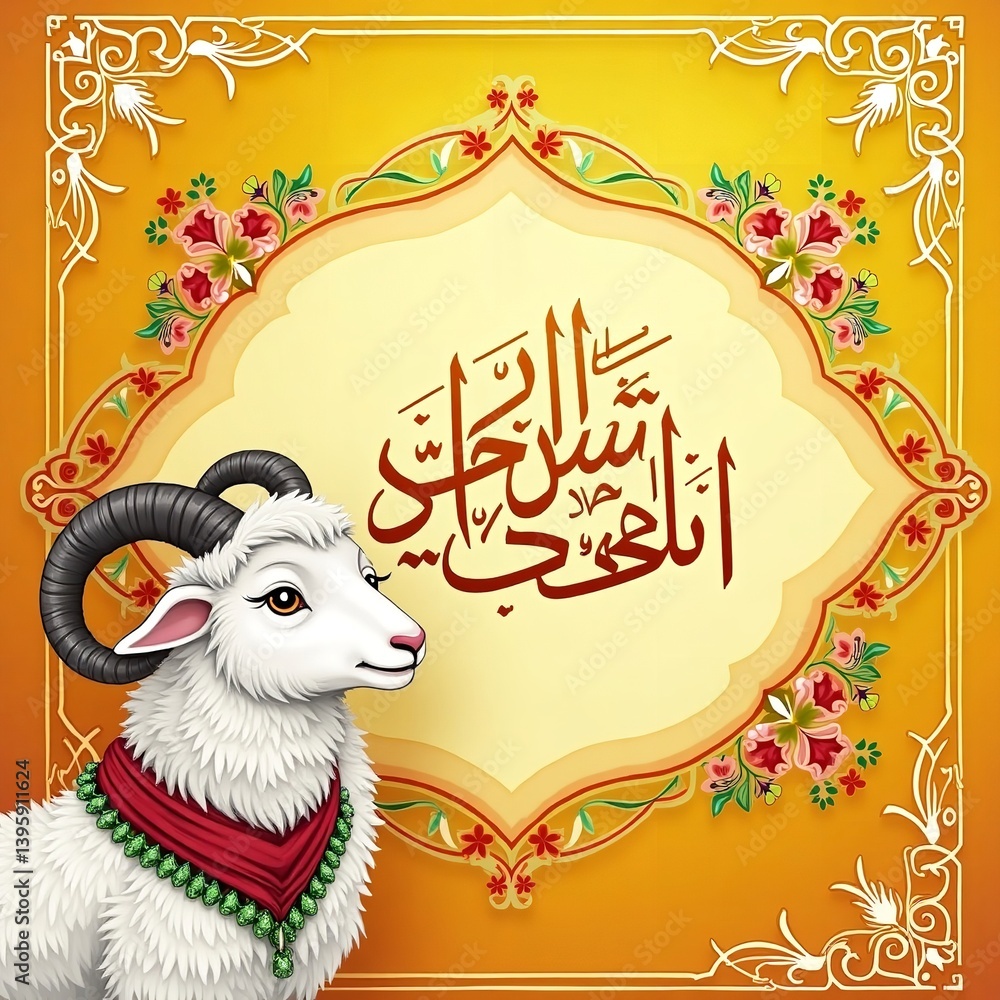 Eid al Adha A Festive Ram with Elegant Calligraphy Warm Yellow Tones and Intricate Floral Designs