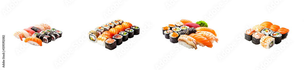 Fresh and Tasty Sushi Set on Black Background, cut out transparent