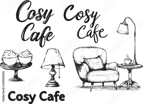 set of doodle sketch that say Cosy Cafe