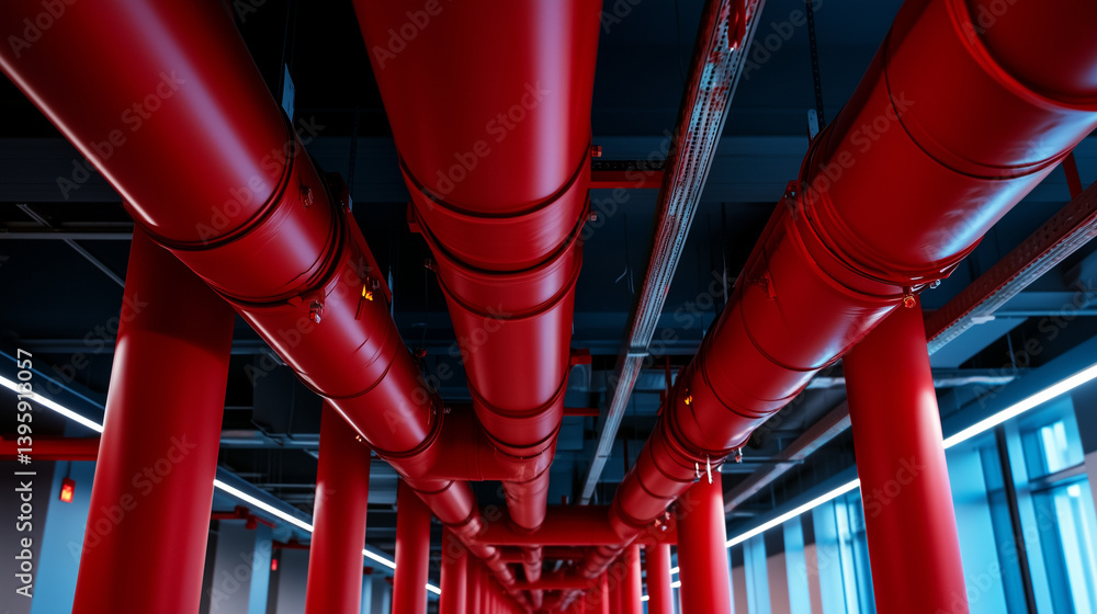 A detailed view of a red fire sprinkler system with connecting pipes overhead in a commercial office ceiling. Precision engineering highlights fire safety preparedness in modern ar