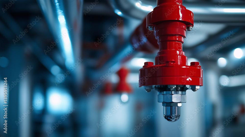 Macro view of a red ceiling-mounted sprinkler in a commercial space, surrounded by dust-free metal pipes. A powerful reminder of constant fire protection.