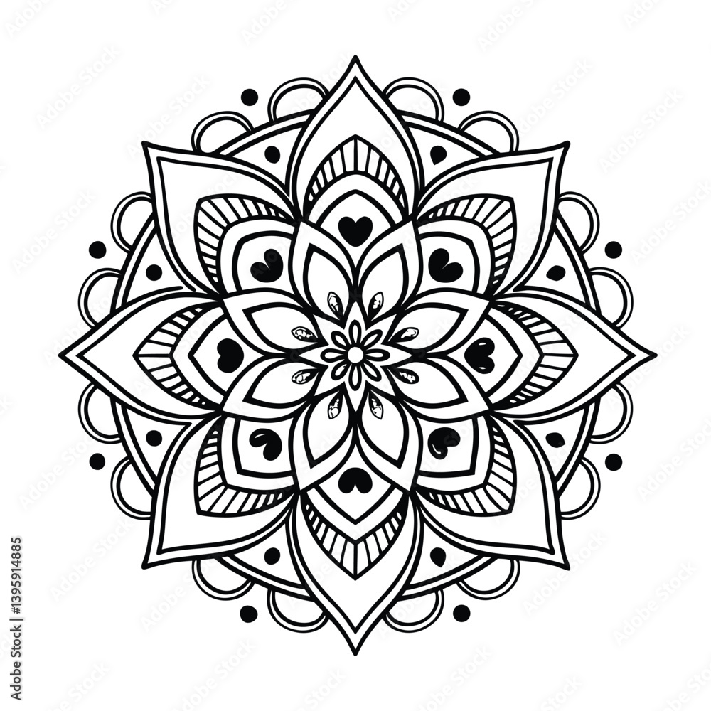 Fototapeta premium Black complex doodle mandala on a transparent background, for printable coloring.