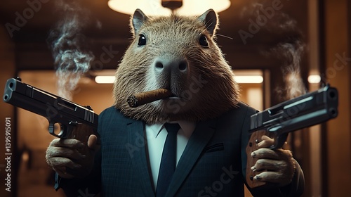 Mafia capybara in a suit exuding power with guns and cigar