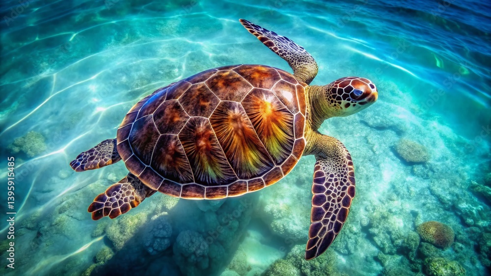 Obraz premium Isolated Sea Turtle Aerial Drone Shot - Aquatic Animal Wildlife Photography