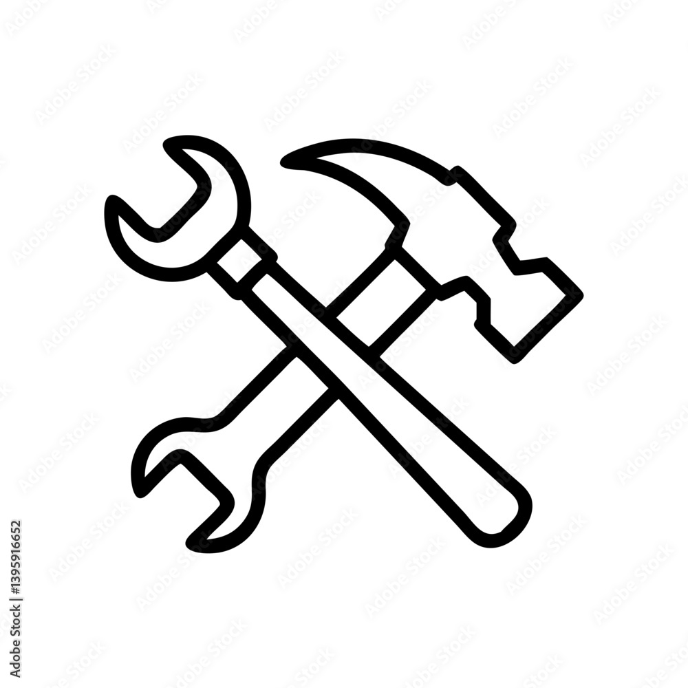 Crossed hammer and wrench icon flat style representing tools or repair against blank background with copy space Crossed hammer and wrench icon flat style representing tools or repair against blank background with copy space