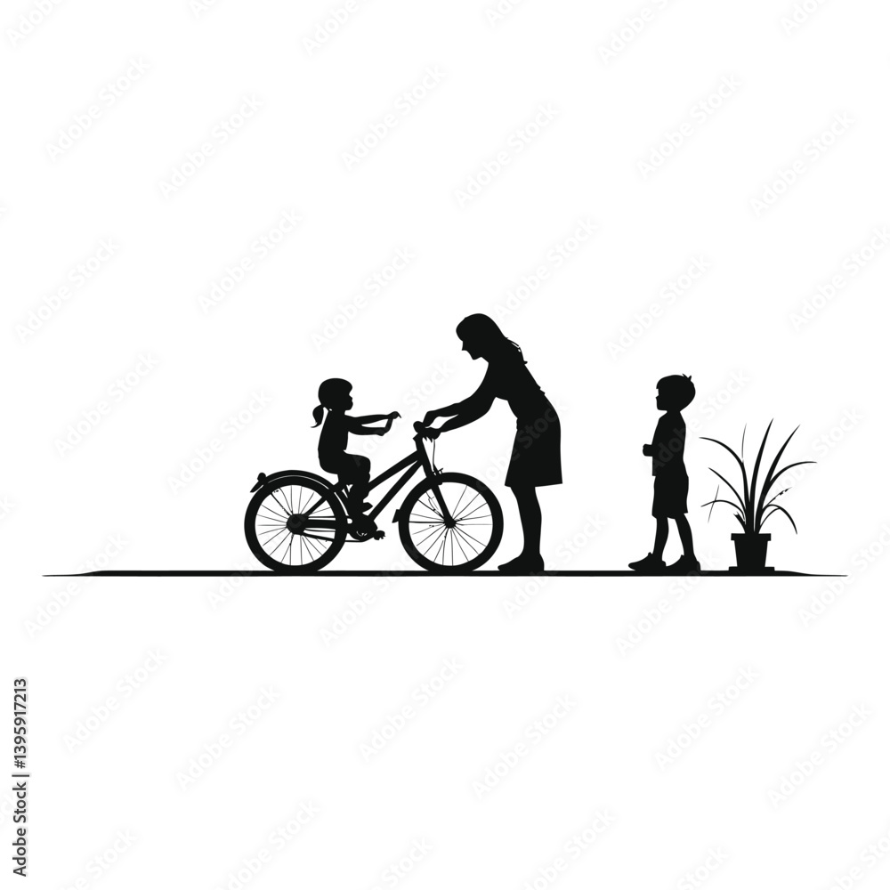 Obraz premium Mother Helping Daughter Learn to Ride a Bicycle/Silhouette of a mother assisting her young daughter learning to ride a bicycle.