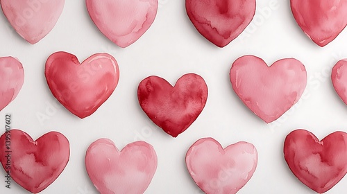 Watercolor Hearts Arrangement: Soft Pink and Deep Red Valentine's Day Theme on White for Romantic Design Projects.