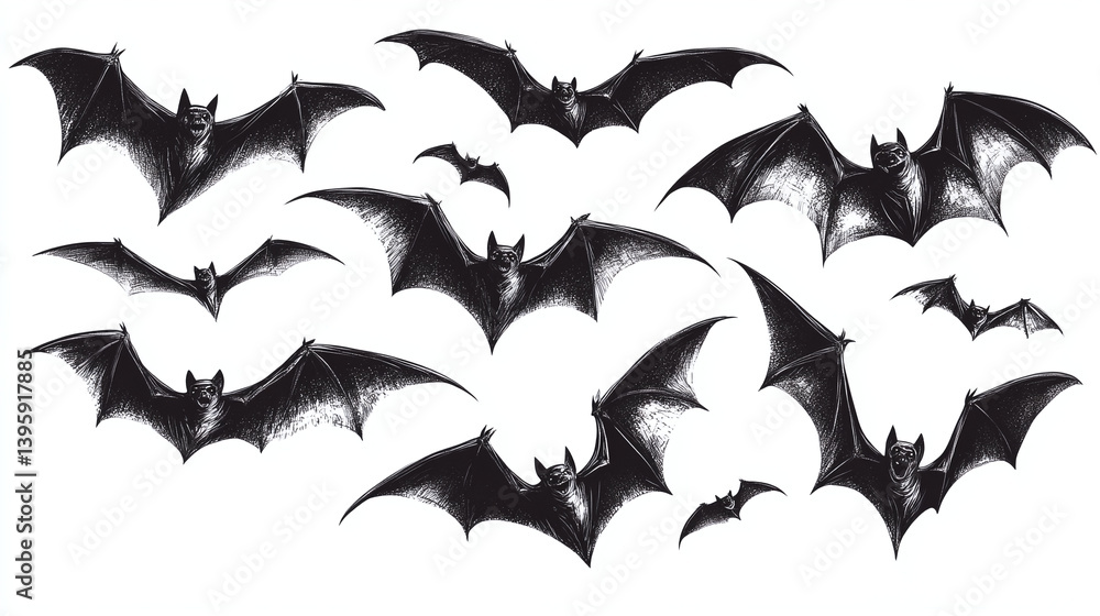 Set of different flying bats isolated on white background. Group of flying black bats for Halloween decoration. Set of different flying bats isolated on white background. Group of flying black bats for Halloween decoration.
