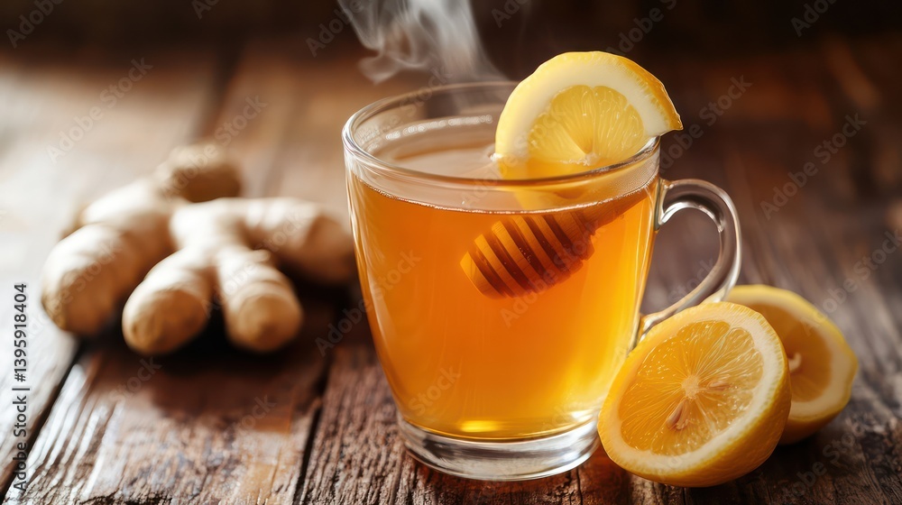 Ginger lemon honey tea beverage image Ginger lemon honey tea beverage image