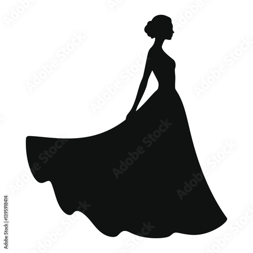 Elegant Silhouette of a Woman in a Ball Gown/A sophisticated silhouette of a woman in a flowing ball gown, presented against a plain, light gray background.