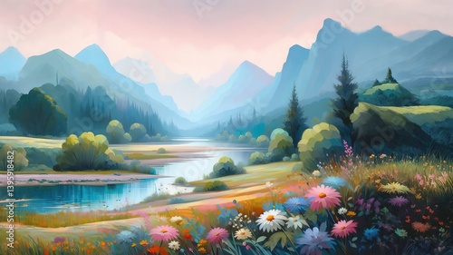 Obraz na płótnie A picturesque landscape with trees and flowers by the river against the backdrop of mountains in computer graphics style w salonie