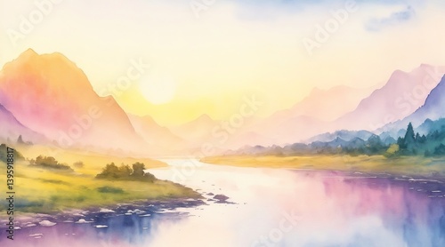 The quiet tranquil river in the mountain valley in the morning, reflections of trees and mountains in the river water