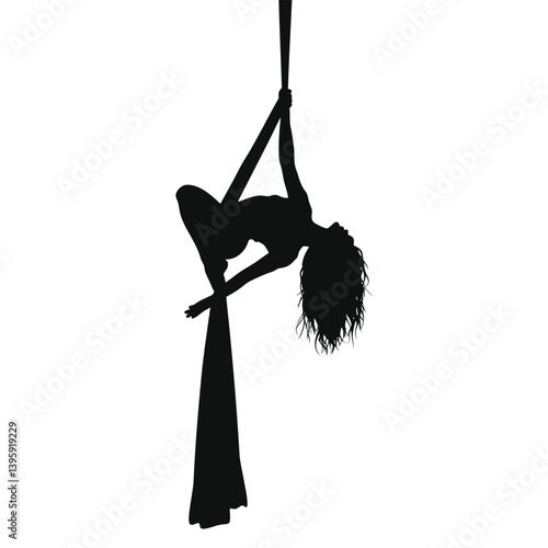 Graceful Aerialist Silhouette Against a Simple Background/A striking silhouette of a woman performing aerial silk, showcasing strength, flexibility, and artistry.