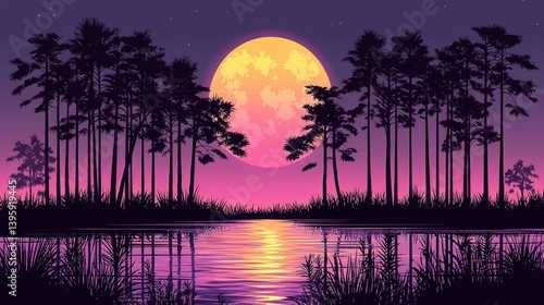 Silhouetted pines on a tranquil lake at night, with a large moon