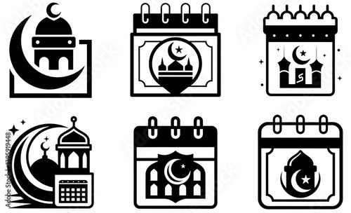 Islamic Calendar Icon Set with Crescent Moon and Mosque Symbols
