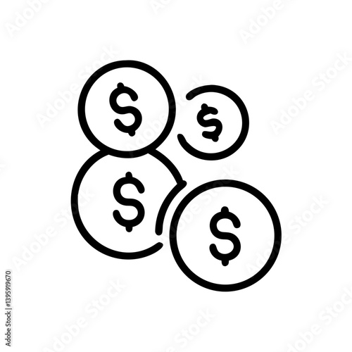 Black and white icon of coins representing currency and finance  