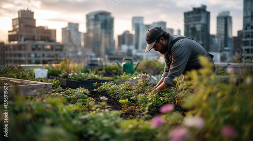 Jardinier professionnel travaillant dans un jardin sur les toits avec vue urbaine
