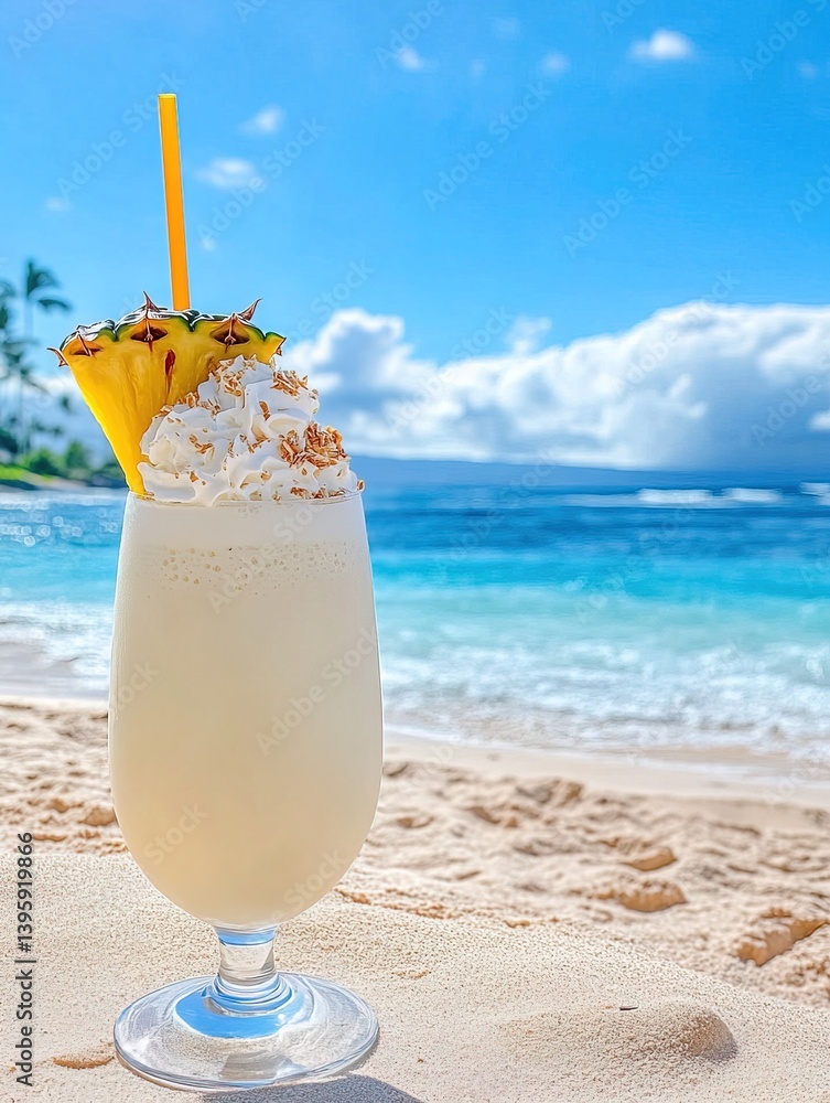 Refreshing Pina Colada cocktail on tropical beach with white sand, blue water and bright sky, garnished with pineapple slice, whipped cream, paper umbrella and straw