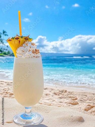 Obraz na płótnie Refreshing Pina Colada cocktail on tropical beach with white sand, blue water and bright sky, garnished with pineapple slice, whipped cream, paper umbrella and straw w salonie