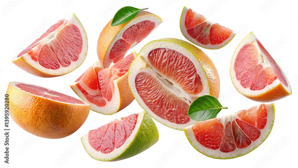 Delicious Red Grapefruit Slices Falling in Air Isolated on White Background Juicy Citrus Fruit Segments Delicious Red Grapefruit Slices Falling in Air Isolated on White Background Juicy Citrus Fruit Segments