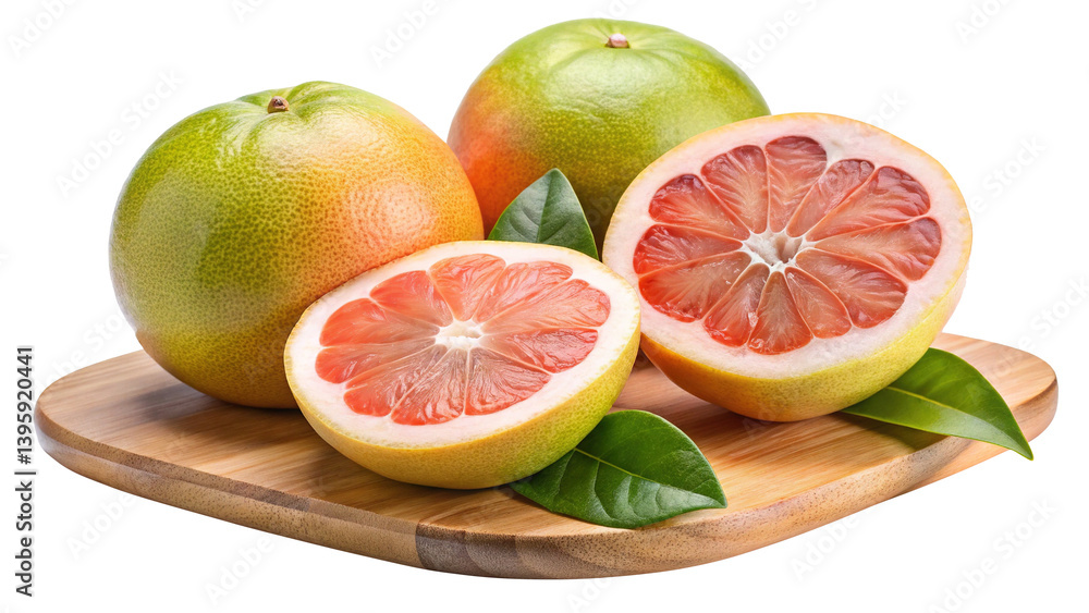 Fresh Ripe Grapefruits on Wooden Cutting Board with Green Leaves Fresh Ripe Grapefruits on Wooden Cutting Board with Green Leaves