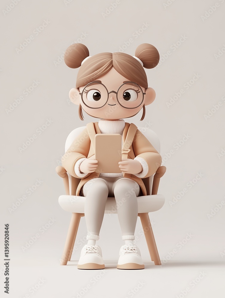 Cozy 3D illustration: cute girl in glasses and warm clothes sits on chair, using tablet, on soft light background