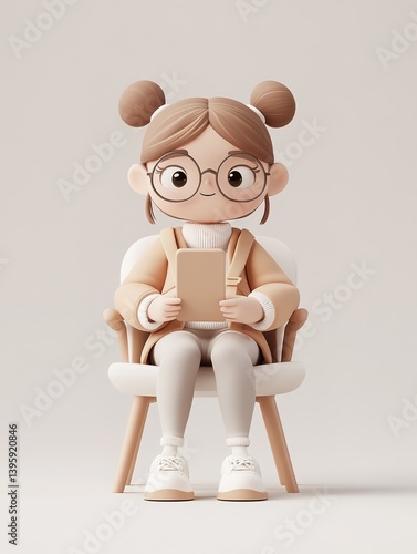 Obraz na płótnie Cozy 3D illustration: cute girl in glasses and warm clothes sits on chair, using tablet, on soft light background w salonie