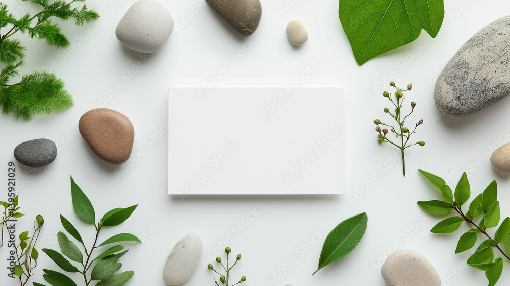 Eco-friendly card mockup with green leaves and natural stones on white background, Earth Day and sustainability concept Eco-friendly card mockup with green leaves and natural stones on white background, Earth Day and sustainability concept