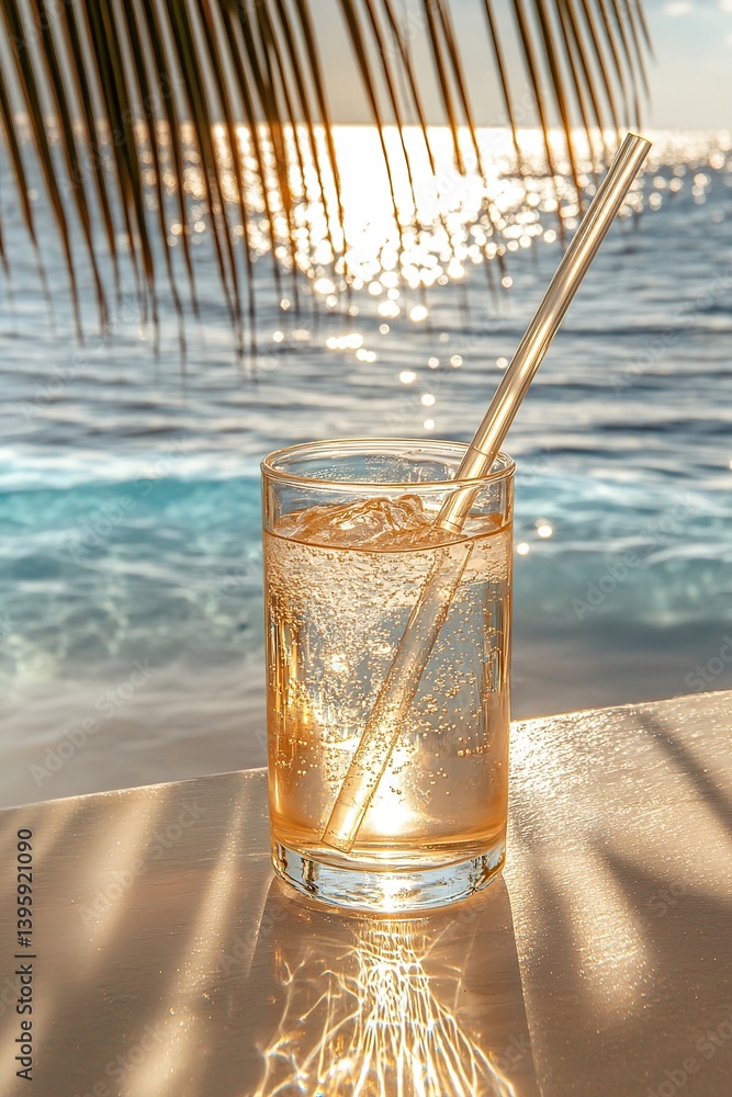 Refreshing cool drink in Clarion Cooler Glass with ice and straw on sunny tropical beach with blue water and palm leaves