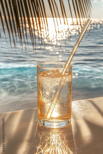 Obraz na płótnie Refreshing cool drink in Clarion Cooler Glass with ice and straw on sunny tropical beach with blue water and palm leaves w salonie