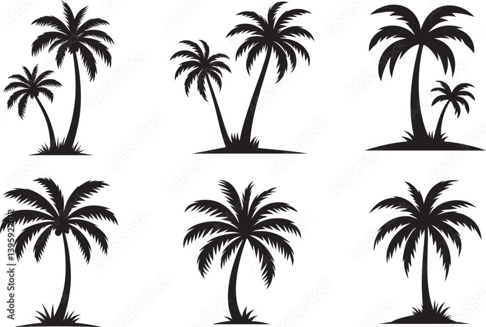 A collection of majestic palm trees silhouetted against a bright white background, evoking a sense of tropical paradise and summer vacation. A collection of majestic palm trees silhouetted against a bright white background, evoking a sense of tropical paradise and summer vacation.