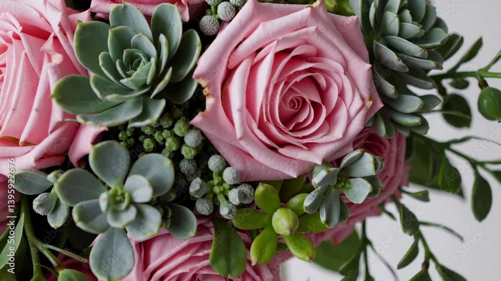 Beautiful bouquet arrangement with pink roses and succulents in natural harmony Beautiful bouquet arrangement with pink roses and succulents in natural harmony
