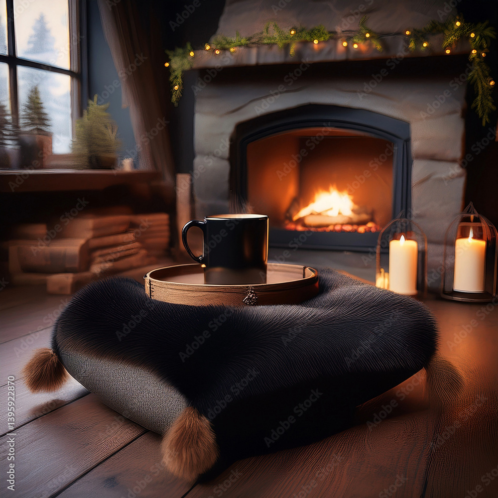Naklejka premium Wunderschönes, schwarzes Sitzkissen aus Lammfell auf einem Holzboden vor einem Kamin