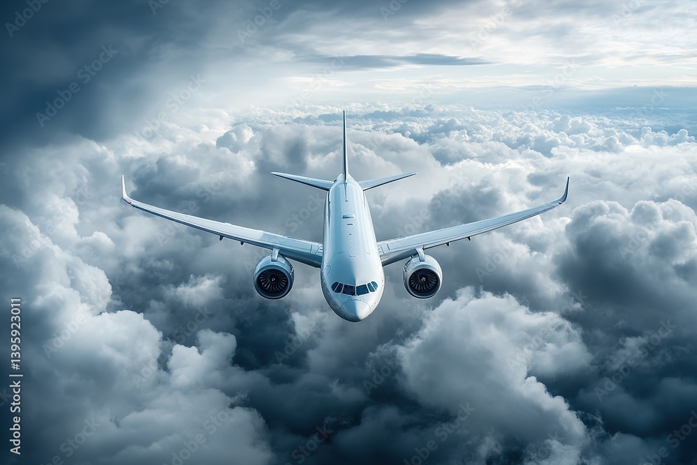 White passenger airplane flies directly towards camera high above thick layers of cumulus clouds under overcast sky