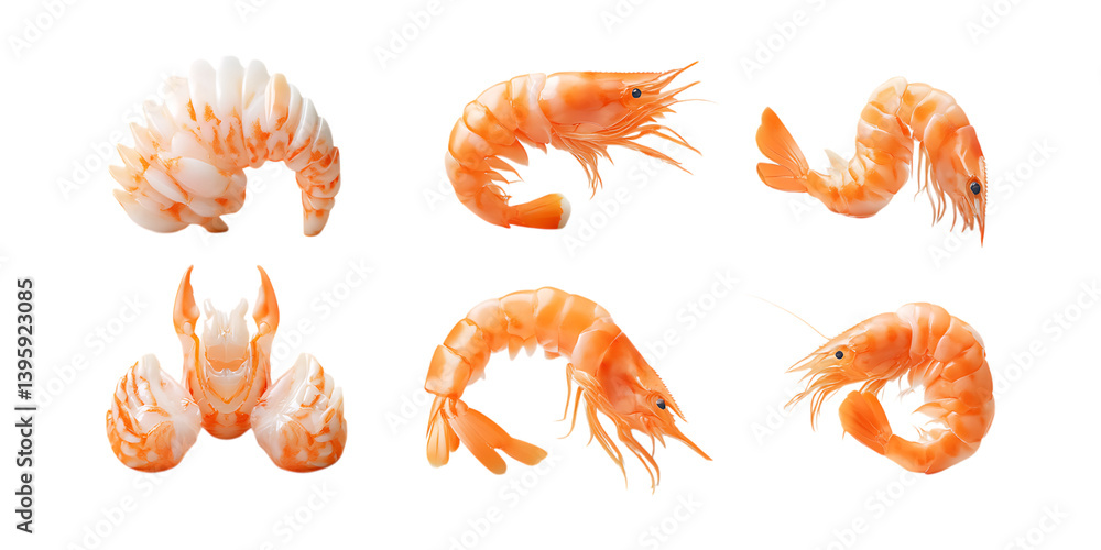 Obraz premium Pack Shrimp Set in Different Poses Against Transparent Background for Seafood Branding, Culinary Use, or Ocean Illustration