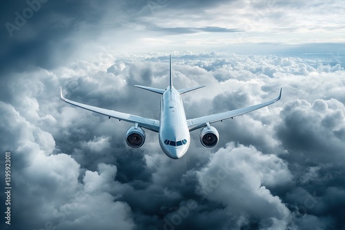 Obraz na płótnie White passenger airplane flies directly towards camera high above thick layers of cumulus clouds under overcast sky w salonie