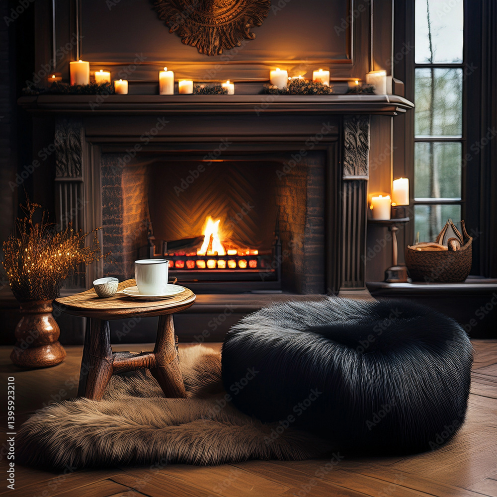 Naklejka premium Wunderschönes, schwarzes Sitzkissen aus Lammfell auf einem Holzboden vor einem Kamin
