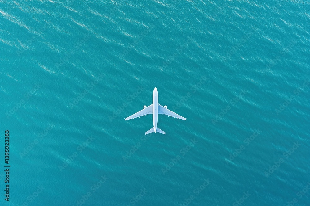 White passenger airplane flies over boundless blue surface of ocean, shot from above on sunny day