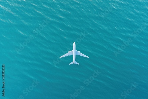 Obraz na płótnie White passenger airplane flies over boundless blue surface of ocean, shot from above on sunny day w salonie