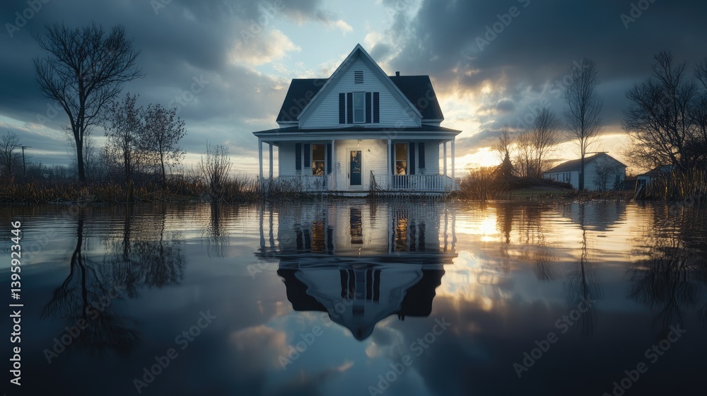 Fototapeta premium Flooded farmhouse at sunset, tranquil reflection