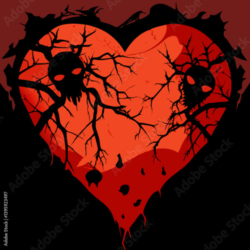 A bleeding heart consumed by darkness, haunted by skeletal figures amidst a fiery landscape, rendered in bold silhouettes against a stark black background.