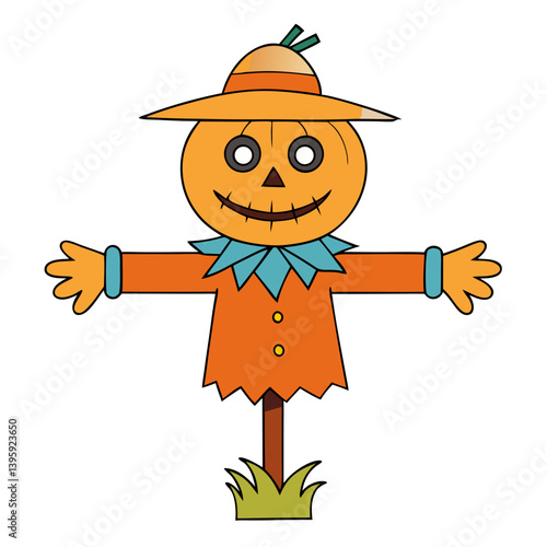 A cheerful pumpkin-headed scarecrow joyfully welcomes autumn with outstretched arms in a simple, cartoonish style.