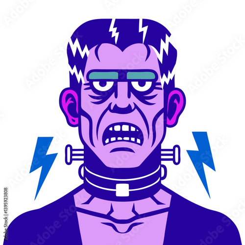 A grumpy Frankenstein's monster, bolts and all, showing his displeasure with bold purple and electric blue tones.