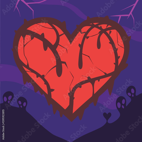 A heartbroken crimson heart, ensnared by thorny vines under a bruised purple twilight sky, evokes feelings of sorrow and vulnerability with bold graphic style.
