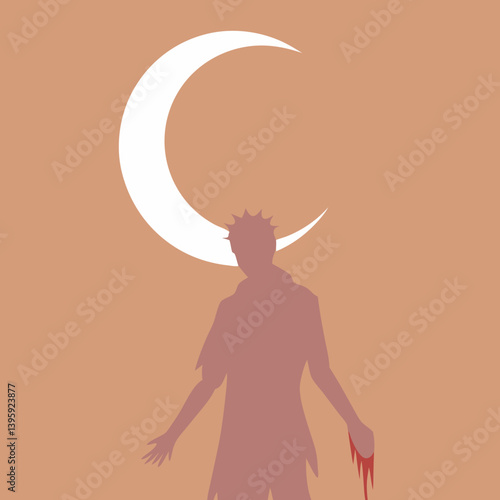 A lone figure silhouetted against a crescent moon, stained with blood under a dusky sky, conveying a sense of haunting mystery and quiet despair.