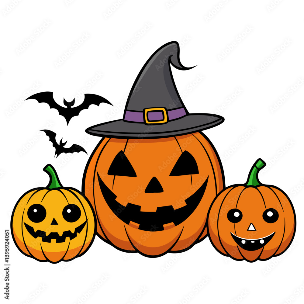 A mischievous jack-o'-lantern wearing a witch's hat, flanked by two grinning pumpkins, celebrating a spooky Halloween night with playful bats overhead. A mischievous jack-o'-lantern wearing a witch's hat, flanked by two grinning pumpkins, celebrating a spooky Halloween night with playful bats overhead.