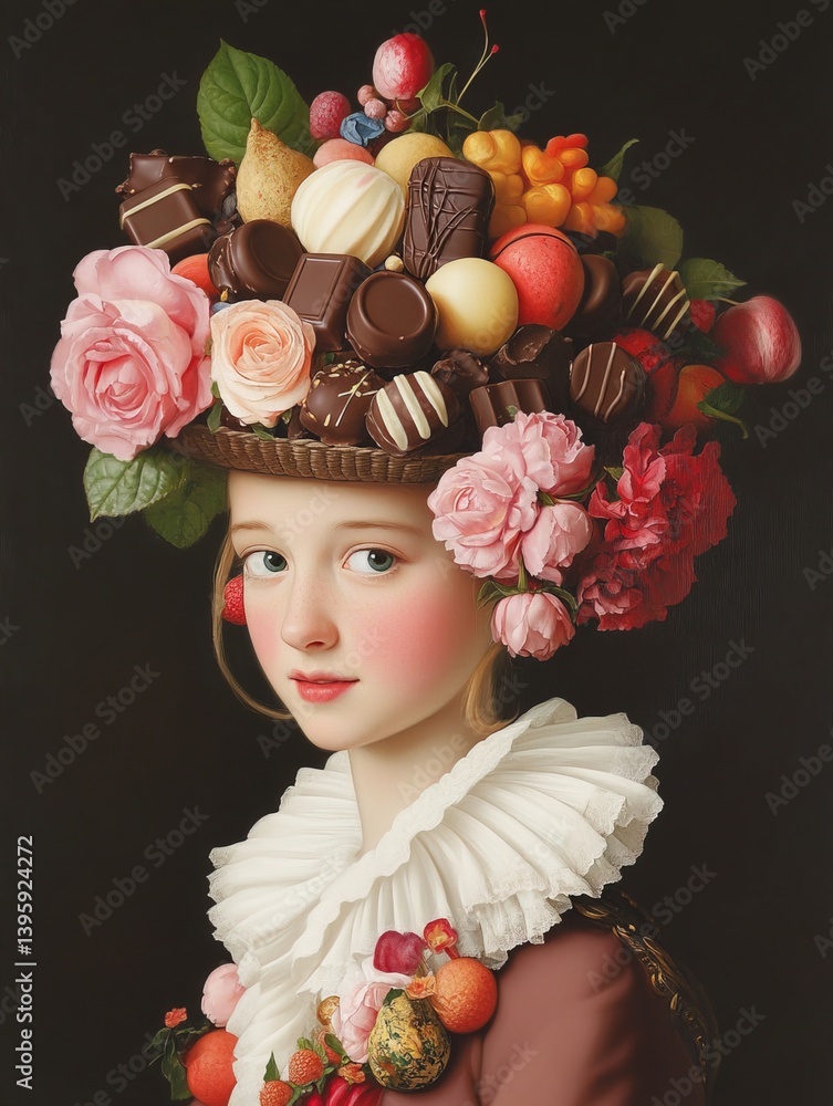 Enchanted portrait of young girl with delicate blush in whimsical hat adorned with various sweets and lush roses against dark background