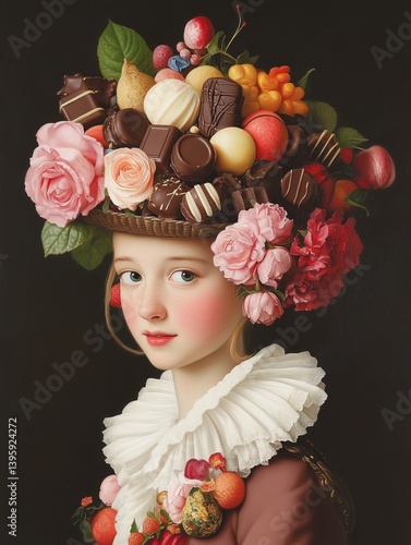 Obraz na płótnie Enchanted portrait of young girl with delicate blush in whimsical hat adorned with various sweets and lush roses against dark background w salonie