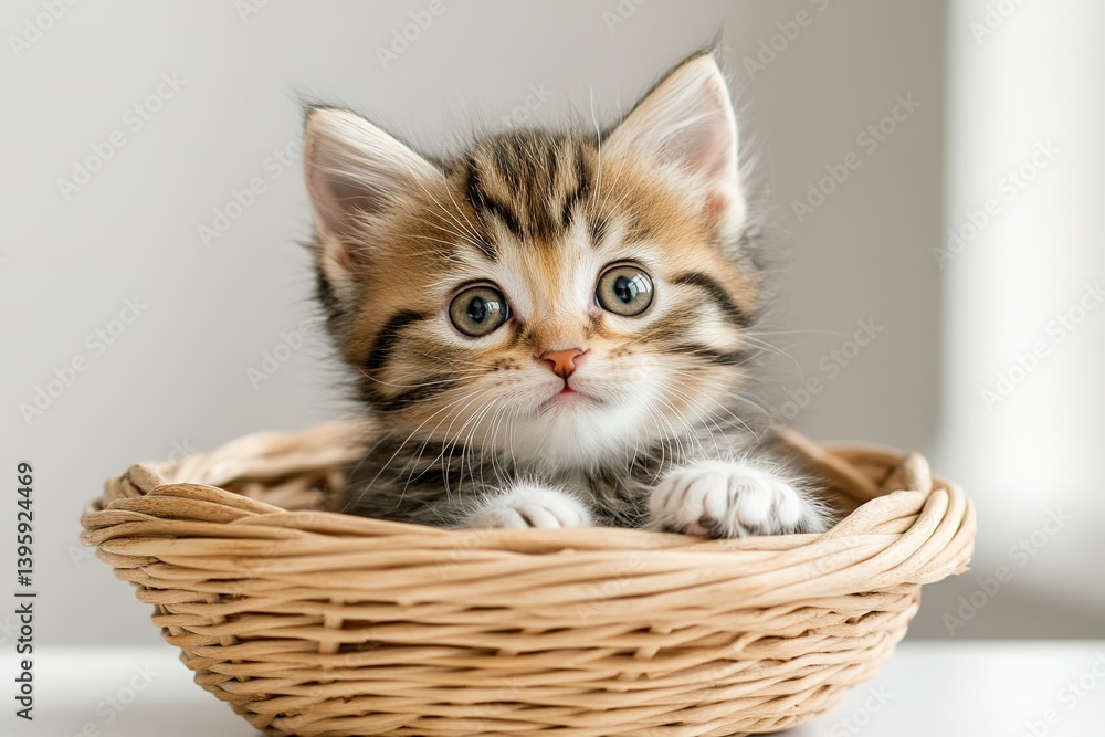 Adorable Scottish Fold kitten with big blue eyes and silver tabby fur peeking out of woven basket, radiating cuteness and curiosity